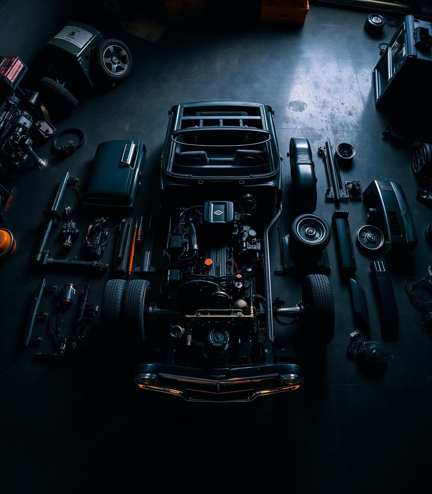 Peças automotivas dispostas em um workshop